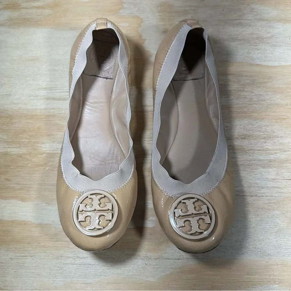 Tory Burch Tan Leather Flats with Signature Medallion